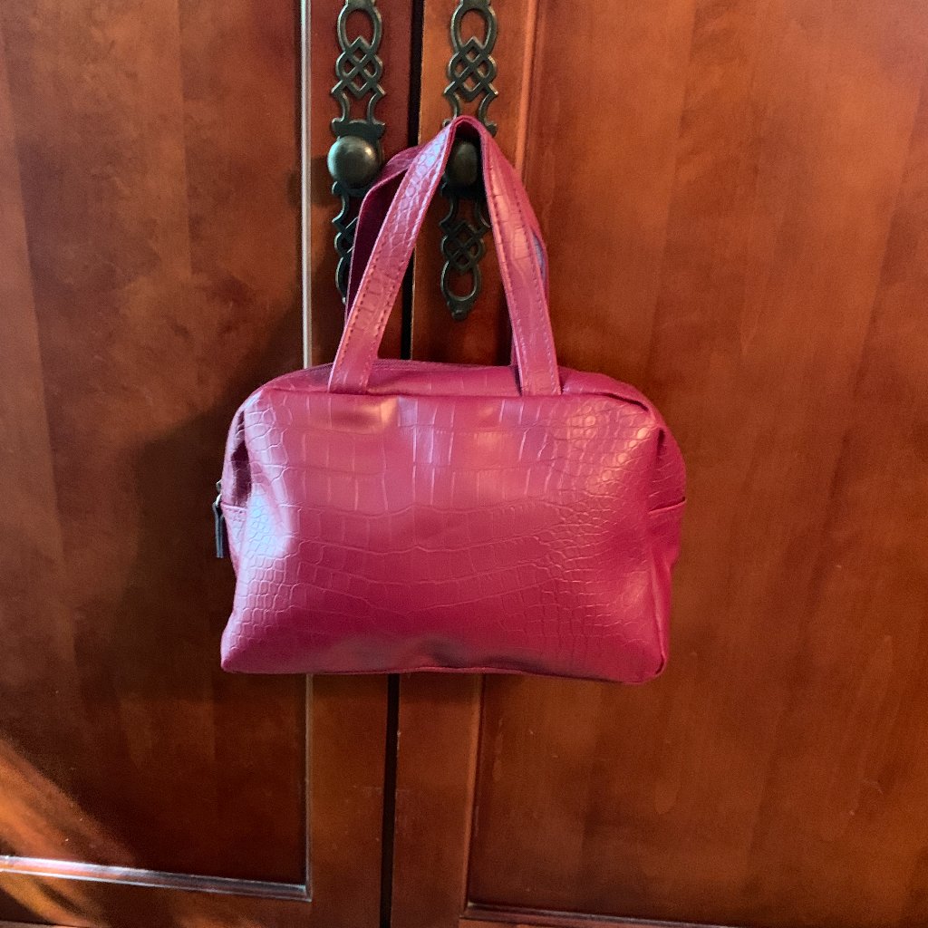 Purse - New Cranberry Color Small Handbag, Faux Leather, Alligator Pattern